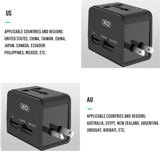 XO WL01 Αντάπτορας Πρίζας από Universal σε Universal με 2 Θύρες USB