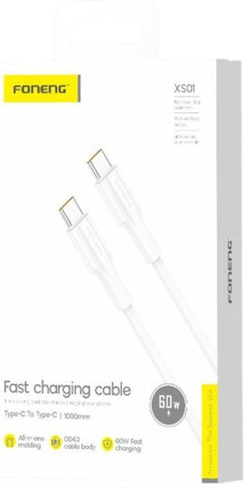 Foneng USB 2.0 Кабел USB-C Мъжки - USB-C 60W Захранване (PD) Бял 1м