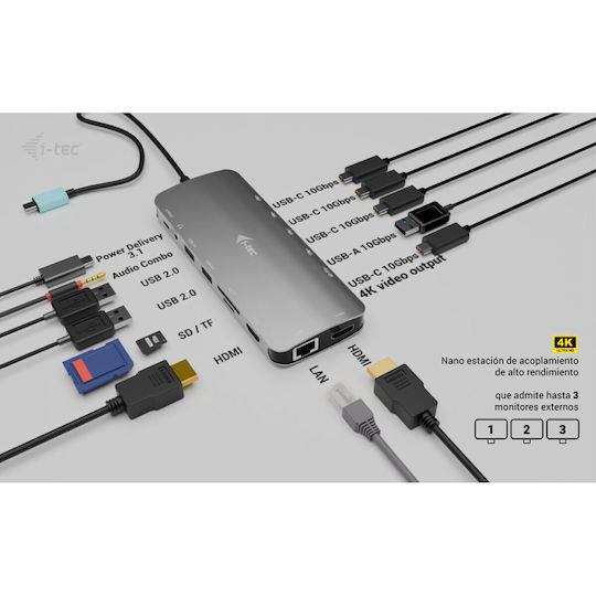 i-tec USB-C Docking Station with HDMI 4K PD Ethernet and Support for 2 Monitors Silver (C31NANOTRIPLEDOCKPD)
