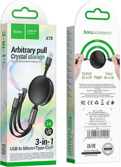 Hoco 3in1 Usb A Retractable USB to Lightning / micro USB / Type-C Cable 2A Μαύρο 1m