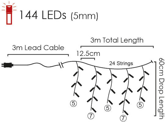 144 Λαμπάκια LED 3μ. x 60εκ. Θερμό Λευκό τύπου Βροχή