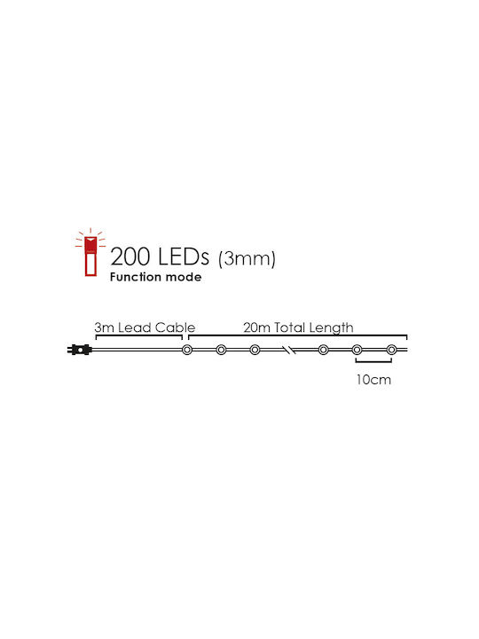 200 Lights LED 20m. Warm White in String 1pcs