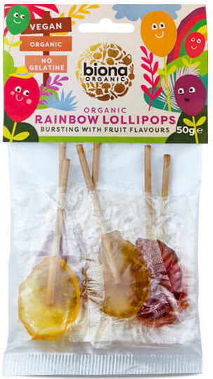 Biona 6 Lollipops Rainbow with Flavor Fruit Organic No Added Sugar Gluten Free Vegan 1pcs 50gr