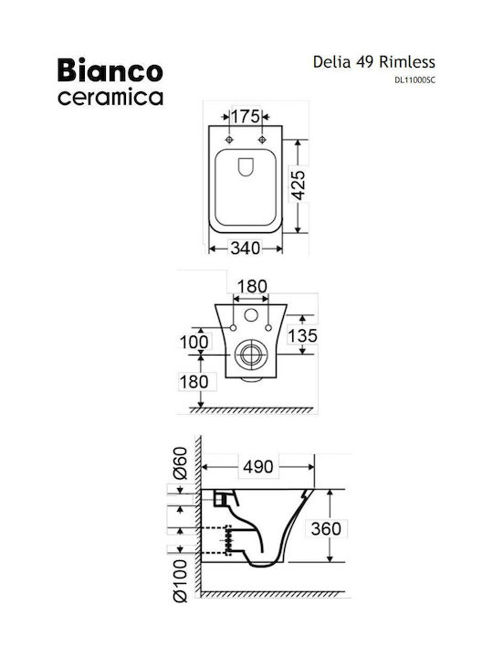 Bianco Ceramica Delia Λεκάνη Κρεμαστή Rimless με Slim Κάλυμμα Soft Close Λευκή