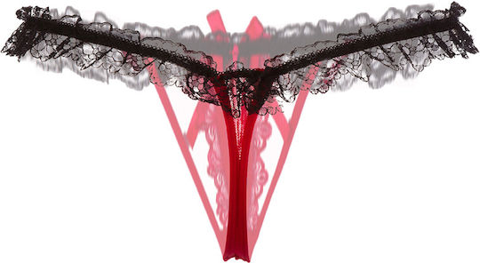 Sexy Crotchless Pearl Massage Lace Panty T-Back Red