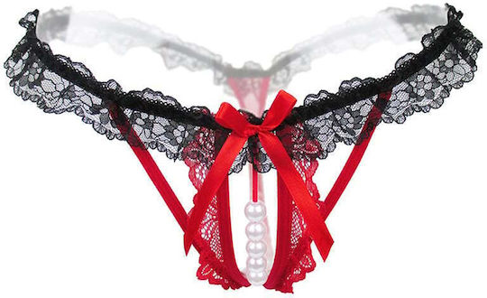 Sexy Crotchless Pearl Massage Lace Panty T-Back Red
