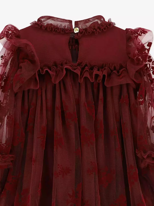 Flower Παιδικό Φόρεμα Μακρυμάνικο Τούλινο Burgundy
