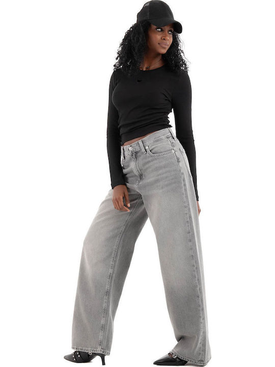 Low Waist Women's Jean Trousers in Baggy Line Grey
