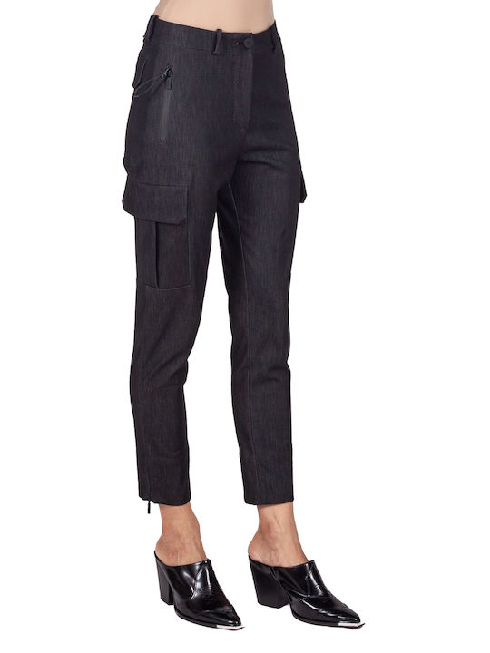 Women's High-waisted Fabric Cargo Trousers Skinny Fit Black