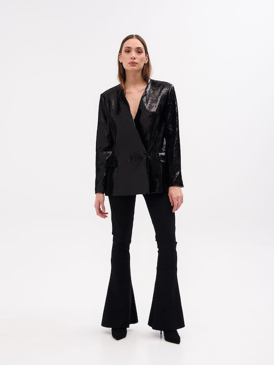 Liviana Conti Long Women's Double Breasted Blazer Black with Sequins