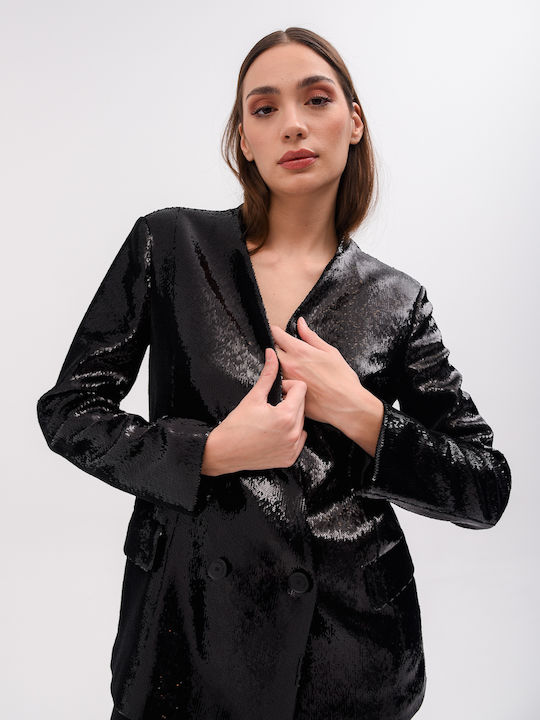 Liviana Conti Long Women's Double Breasted Blazer Black with Sequins