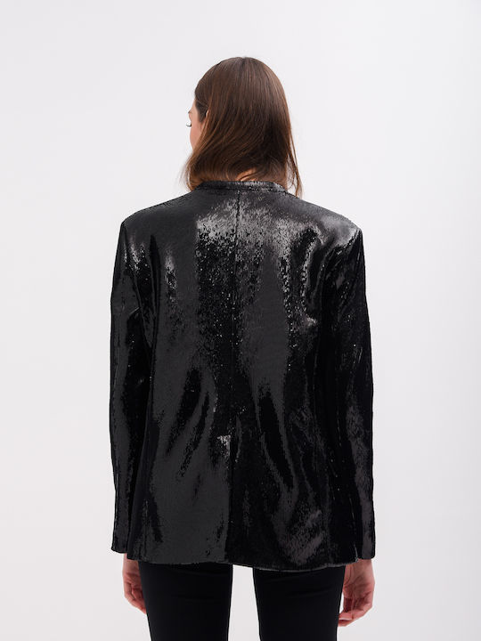 Liviana Conti Long Women's Double Breasted Blazer Black with Sequins