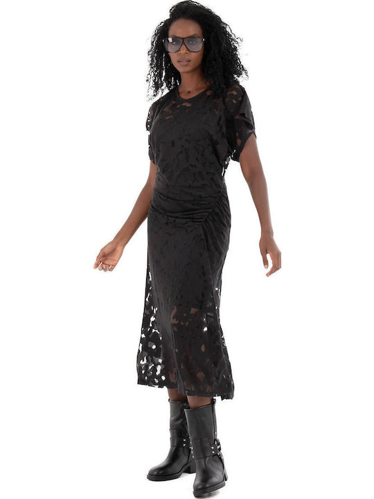 Rochie Midi De Seară Cu Dantelă Și Plasă Neagră