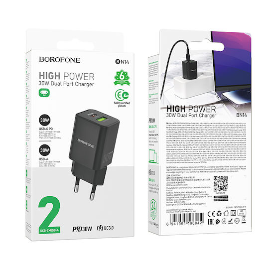 Borofone Charger Without Cable GaN with USB-A Port and USB-C Port 30W Power Delivery / Quick Charge 3.0 Blacks (BN14 Royal)
