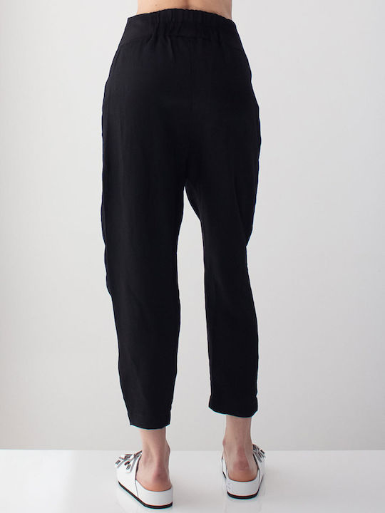 Damen Hoch tailliert Stoff Hose mit Gummizug in Lockere Passform Black
