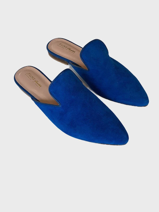 Leather Mules with Low Heel in Blue Color