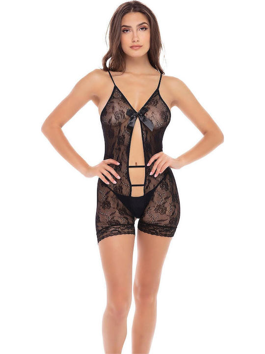 Rene Rofe Sexy Κορμάκι με Δαντέλα Μαύρο