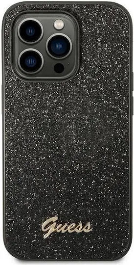 Guess Glitter Flakes Script Metal Logo Back Cover Silicone Black (iPhone 14 Pro)