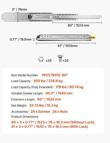 Vevor Pair of Sliding Rails Soft Close Full Extension 16-60 Inches 500 Lbs Zxcthg500b607bscwv0