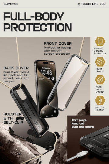 Supcase Unicorn Beetle Pro Back Cover Tempered Glass / Silicone / Plastic 2mm Black (iPhone 15 Pro)