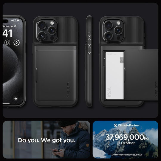 Spigen Slim Armor CS Umschlag Rückseite Silikon / Kunststoff 2mm mit Kartenhalter Schwarz (iPhone 15 Pro)