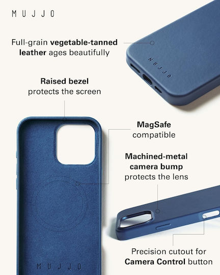 Mujjo Back Cover Piele 1mm Albastru (iPhone 16 Pro Max)
