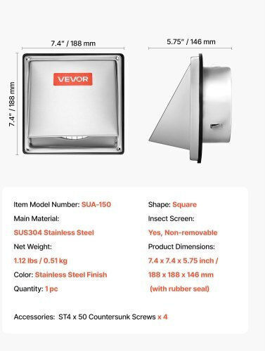 Vevor Vent Louver 18.8x18.8cm Square with Screen