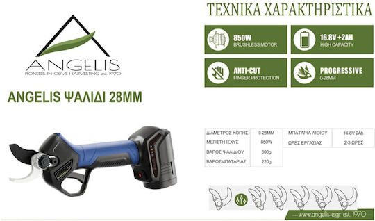Agelis Pruning Shears Battery Brushless 16.8V 2x2Ah with Maximum Cutting Diameter 28mm in Carrying Case