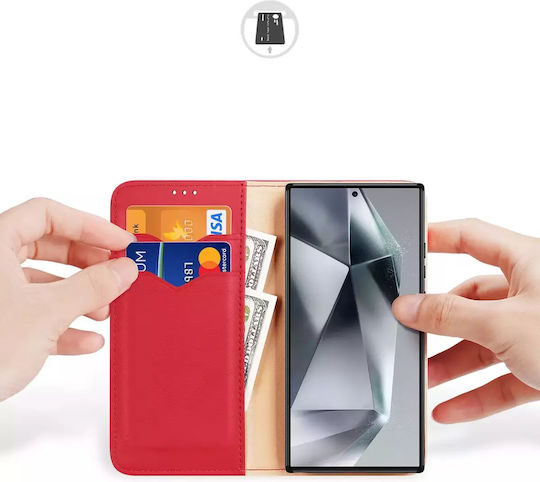Samsung Galaxy S24 Ultra 5g Dux Ducis Dux Ducis Dux Ducis Hivo Series Case with Rfid Blocking, Support Base, Magnetic Closure Card Slots Flip Wallet Case made of genuine leather and Tpu Red