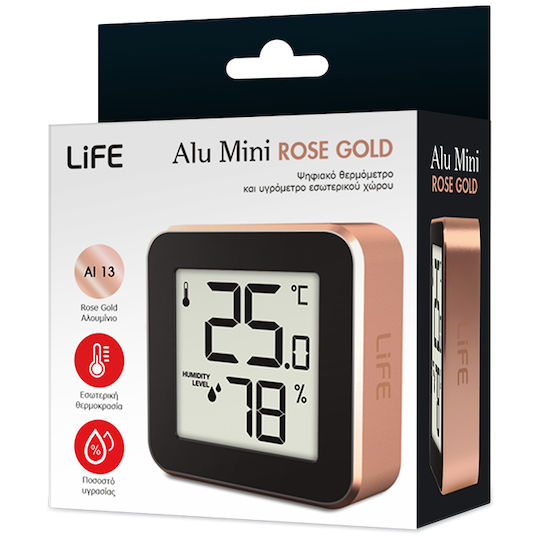 Life Alu Mini Indoor Thermometer & Hygrometer Wall Mounted / Tabletop Rose Gold