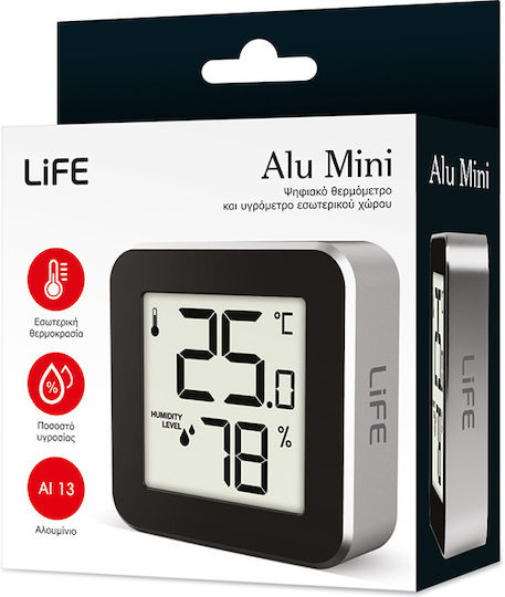 Life Alu Mini Indoor Thermometer & Hygrometer Tabletop / Wall Mounted Black-Aluminum