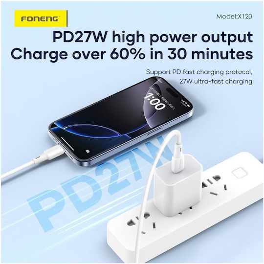 Foneng USB-C to Lightning Cable 27W Λευκό 1m