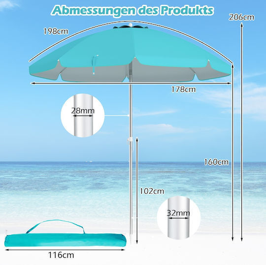 Costway Folding Beach Umbrella Aluminum Diameter 1.8m with UV Protection and Air Vent Beige