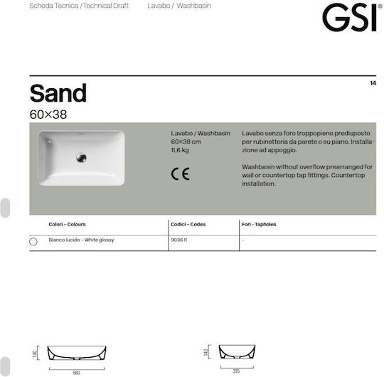 GSI Sand Επικαθήμενος Νιπτήρας Πορσελάνης 60x38x11cm Λευκός