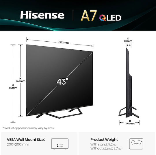 Hisense Smart Televizor 43" 4K UHD QLED A7Q (2025)