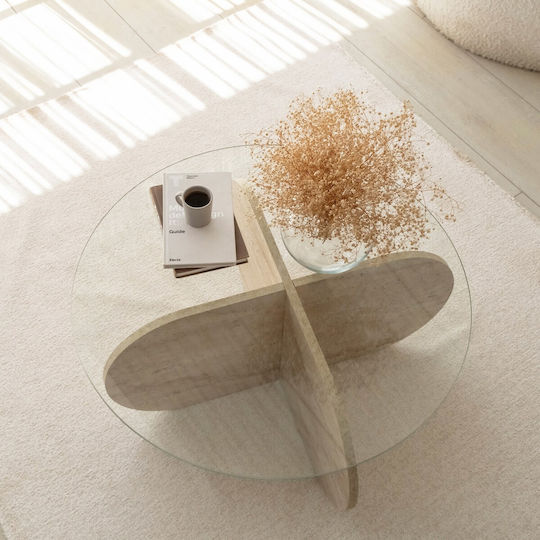 Кръгла Централна Кафе Маса Bubble Стъклена Travertine Бежово-прозрачно Ш75xД75xВ35см