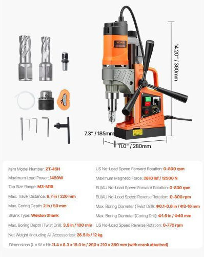 Vevor Μαγνητικό Δράπανο CLZTJ2J40MMMO8WSCV2 με Ισχύ 1.45kW