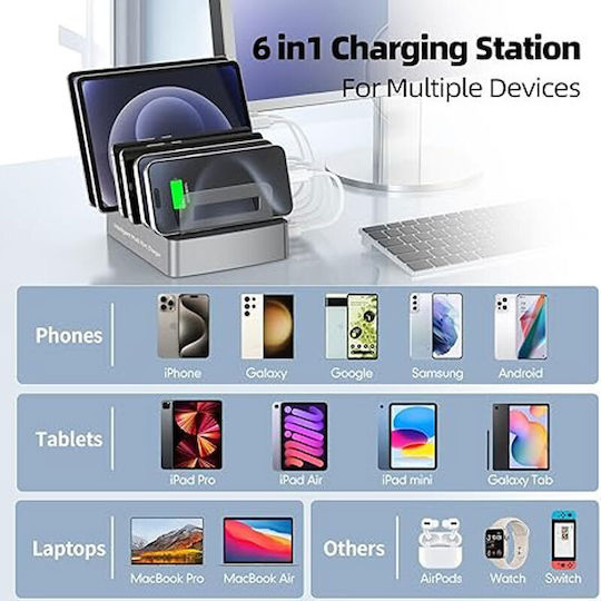 Andowl Βάση Φόρτισης με 4 Θύρες USB-A και 2 Θύρες USB-C 45W Power Delivery σε Γκρι χρώμα (Q-XW78)