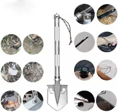 Multifunctional Folding Steel Shovel 12 Functions 13 Cm Blade Width Silver