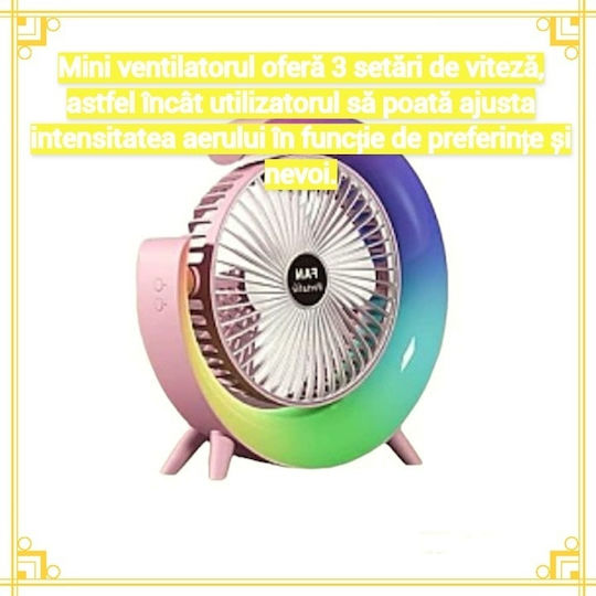 Mini Desk Fan Multicolor Led Lighting Usb Charging 180° Adjustment 3 Operating Speeds Ambient Lights White