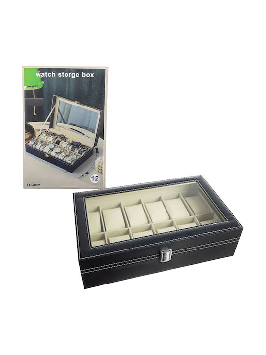 Leather Watch Case 12 Slots Velvet Interior Lining Glass Lid 30x20x7.5cm Ld-1022