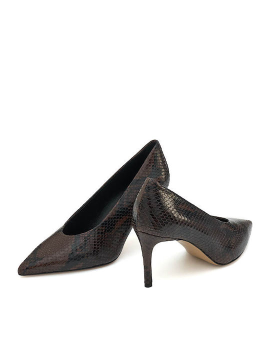 Leather Pointed Toe Brown High Heels Animal Print
