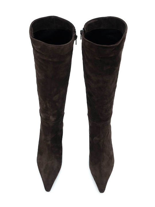 Suede High Heel Women's Boots with Zipper Brown