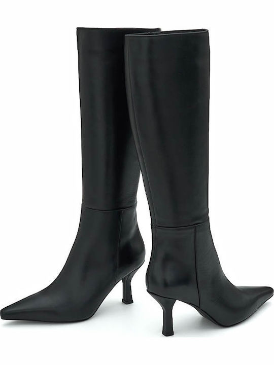 Leather High Heel Women's Boots with Zipper Black