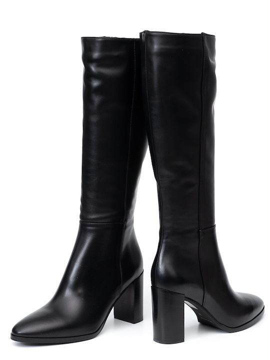 Leder Damenstiefel mit hohem Absatz Schwarz