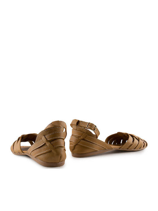 Leather Women's Flat Sandals in Tabac Brown Color