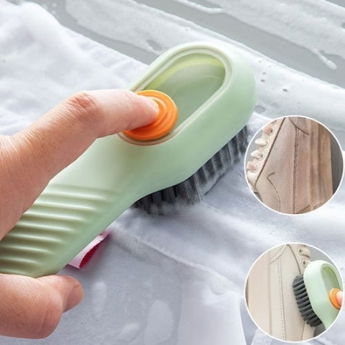 Shoe Cleaning Brush Detergent Container Detergent Dosing Button Very Soft Plastic Bristles Green