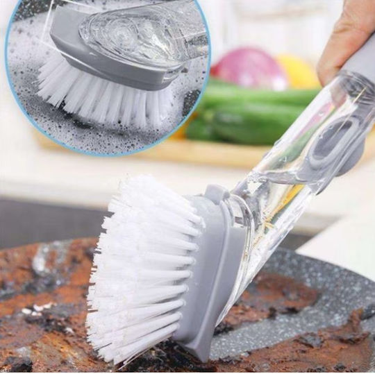Perie De Vase Multifuncțională Cu Mâner Lung Rezervor Pentru Detergent 2 Capete De Schimb 1 Perie 1 Burete 24 Cm Gri