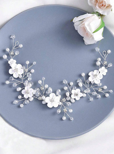 Official Handmade Floral Mesh Hairband Hair Decorated with Shiny Pearls Sparkling Rhinestones Diamonds White Silver