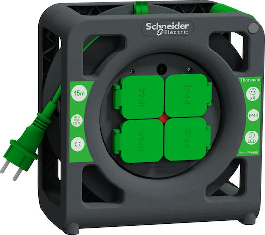 Schneider Electric Удължителен кабел на ролка 4 места с кабел 15м с диаметър 3 x 1.5mm² Waterproof Черен